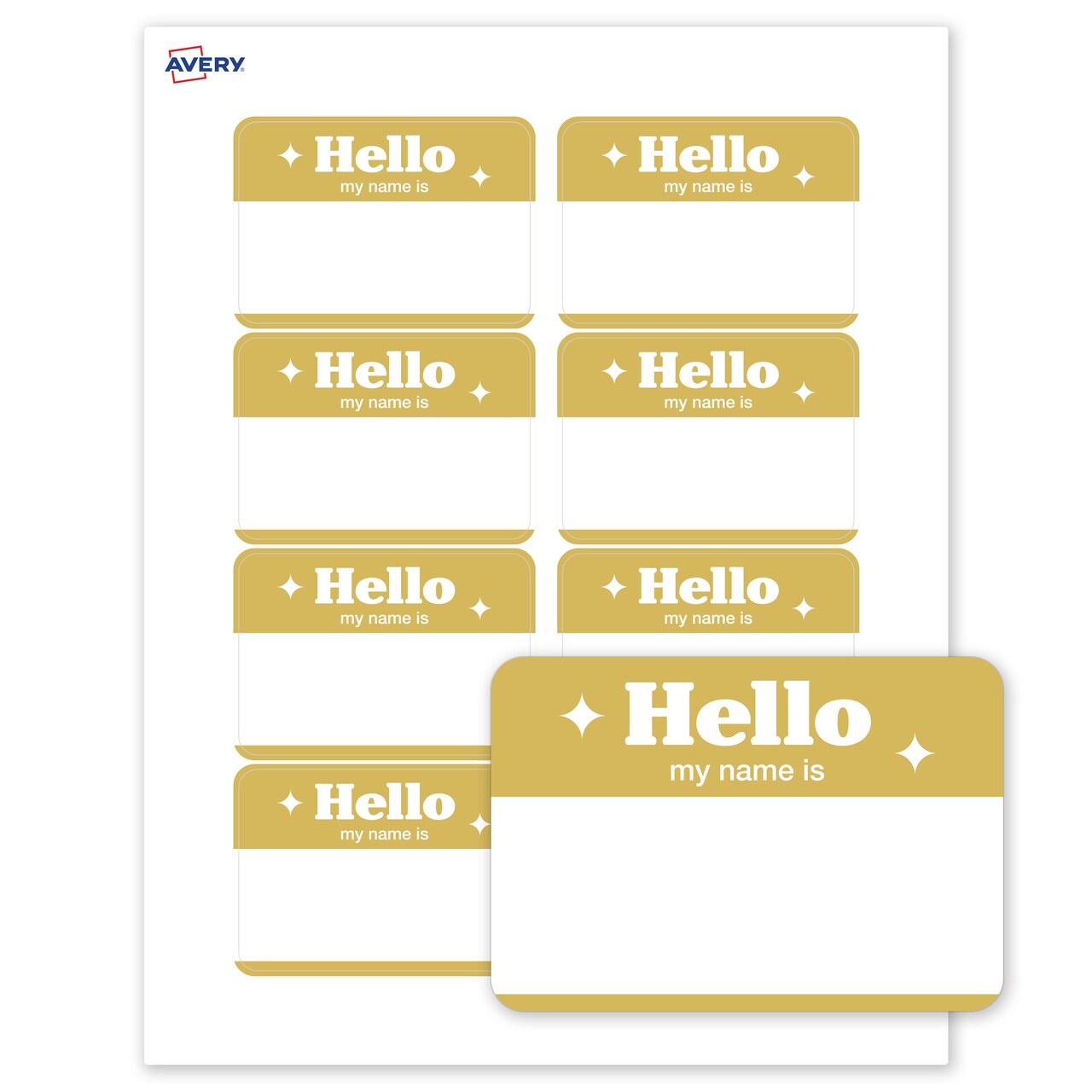 Avery® Printable Adhesive Name Tags, 2-1/3" x 3-3/8", Pre-printed Metallic Gold Hello My Name Is Design, 80 Total, Great for Meetings, Events, and More